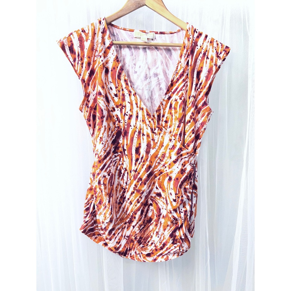 Michael Kors Womens Orange White Abstract Animal Print Surplice Ruched Top L